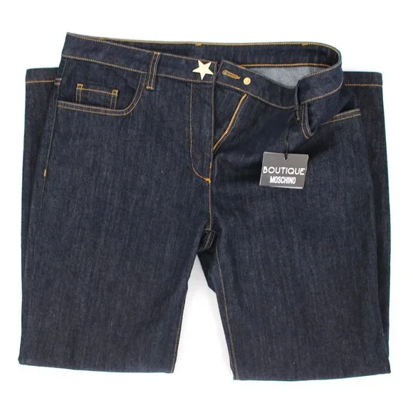 Boutique Moschino Dark Blue Wash Denim Jeans Star Pocket Gold Star Button 46 NEW - Picture 2 of 10